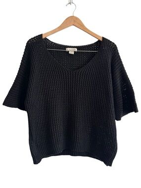 Astrid Black Open Loose Knit Short Sleeve Boxy V-Neck Sweater